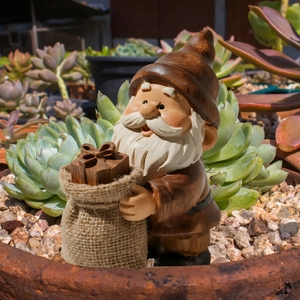Detailed garden gnome stake with wood texture finish nestled among succulent plants
