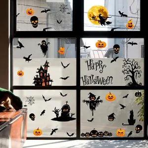 Halloween static window clings featuring pumpkins and ghosts on a glass window