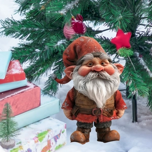 Close-up of a festive Christmas gnome with detailed white beard and red hat in yard