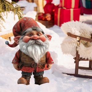 Outdoor Christmas gnome garden stake with red hat and white beard in a snowy setting