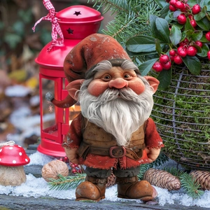 Festive Christmas gnome garden stake with detailed resin texture amidst winter decor