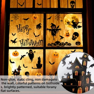 Detail showing double-sided full color Halloween static stickers on window glass