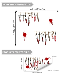 Halloween bloody weapon wall stickers featuring realistic knives and splatters, 60x60cm