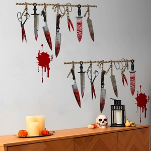 Halloween bloody tools wall decals with knives and blood splatters on a white wall