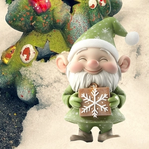 Detailed 3D rendering of a green Christmas garden gnome holding a snowflake gift box