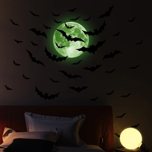 Leuchtende Halloween Wandtattoo Set mit grünem Mond und 3D Fledermäusen Dekoration