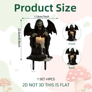 Piquet de jardin faucheuse 2D d'Halloween avec bougie crâne et ailes de chauve-souris, 22cm