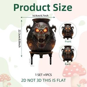 2D Halloween skull yard stake decoration with glowing orange eyes for garden decor