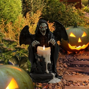 Piquet de jardin faucheuse avec bougie LED et ailes de chauve-souris pour Halloween