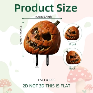 2D Halloween pumpkin skull garden stake with realistic eye detail and garden size specs