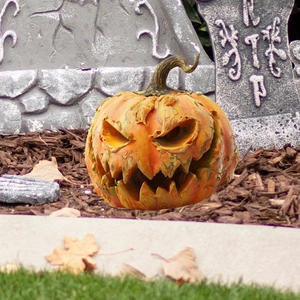 Creative Halloween pumpkin skull decoration for garden pathway with cemetery background