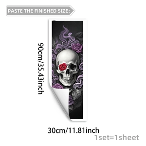 Halloween wall sticker with skull and purple roses, self-adhesive decor, 90x30cm size