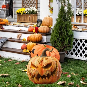 Detailed view of an orange Halloween pumpkin stake with a scary face in a garden setting