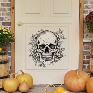 Gothic skull and rose wall sticker on a white door with autumn pumpkin decorations