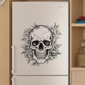 Detail of hand-drawn skull and rose wall sticker on white refrigerator background