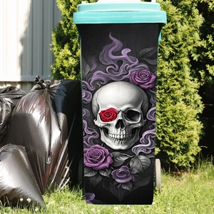 Gothic skull and purple rose sticker on an outdoor wheelie bin for Halloween decoration