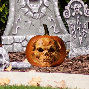 Close-up of a carved Halloween pumpkin with realistic skull texture in a spooky cemetery