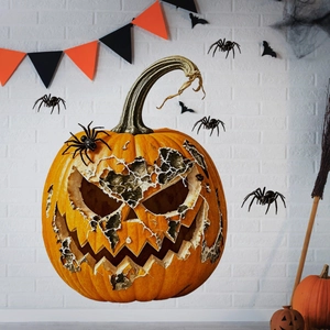 Halloween Jack-o'-lantern wall decal with spiders and bats for living room decor