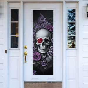 Gothic skull and purple rose door sticker mural for Halloween home interior decoration