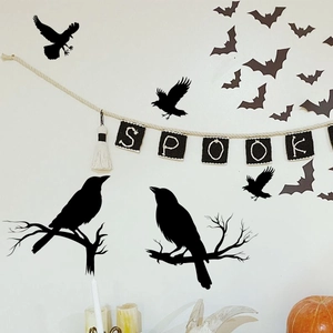 Halloween black crow and bat wall stickers set with spooky branches on white background