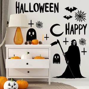 Halloween Wall Sticker PVC Grim Reaper Bat Ghost Silhouette Self-Adhesive Removable Decal For Living Room Bedroom Party Decor