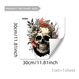 Floral skull wall sticker for Halloween decor, hand-painted roses design, 30x30cm sheet size