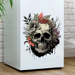 Floral skull wall sticker with red roses on a white fridge in a modern room background