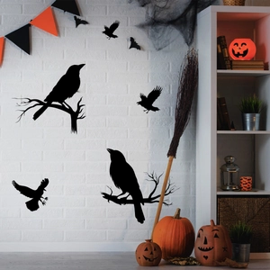 Halloween Wall Stickers Black Silhouette PVC Crow Witch Bat Decals For Home Party Festival Decor Removable Wall Art