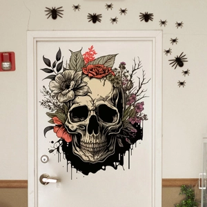 Gothic skull wall sticker with red roses and dried flowers for Halloween decoration