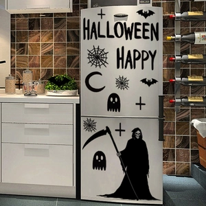 Halloween wall decals featuring Grim Reaper, bats, and Happy Halloween letters on white fridge