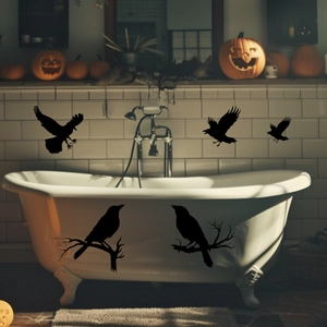 Black crow silhouette wall stickers for Halloween home decor on white tiles and bathtub