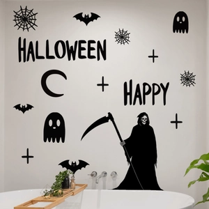 Halloween wall decals set with grim reaper, bats and Happy Halloween text decor