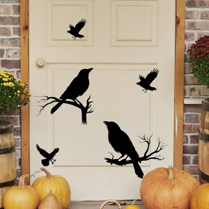 Halloween wall stickers featuring black crow silhouettes on branches for porch decor