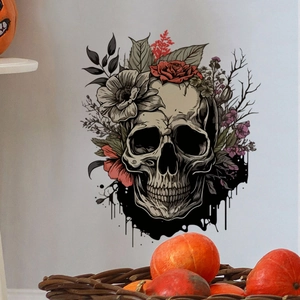 Artistic gothic wall sticker with skull and vibrant flowers for Halloween home decor