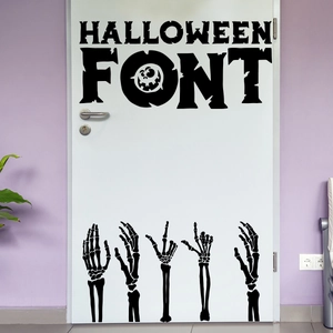Pegatina de pared de Halloween con manos de esqueleto y letras negras decorativas