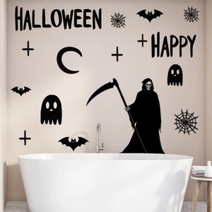 Detail of Halloween wall decals set with black bats, ghosts and happy letters on white wall