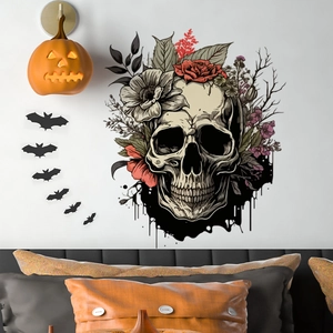 Decorative floral skull wall sticker with flying bats for Halloween bedroom background