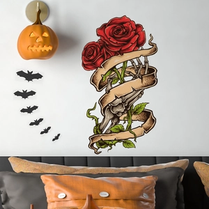 Vinilo decorativo de Halloween con mano de esqueleto y rosas rojas para pared de salón