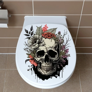 Close-up of gothic floral skull wall sticker with red roses on a white toilet cover