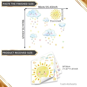 Cartoon sun clouds and gold rain wall stickers for kids room 90x90cm display