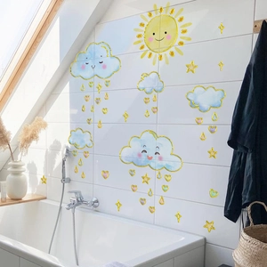 Cartoon sun and clouds wall stickers for kids room decor with colorful raindrops and stars