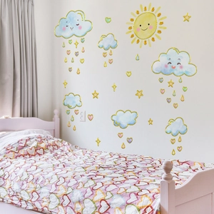Cartoon sun clouds and hearts gold-stamped wall sticker for cozy kids room decor