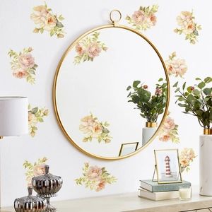 Floral wall decals with pink roses and gold outlines for living room decoration