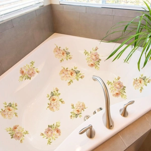 Pink rose floral bathtub stickers with green leaves and gold trim for bathroom decor