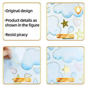 Detail of waterproof gold-stamped sun, cloud and heart wall stickers in pink and blue