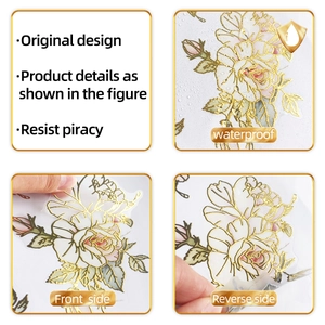 Waterproof floral wall sticker detail showing front and reverse side with gold foil outlines
