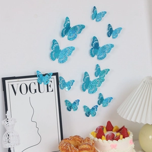 3D Butterfly Wall Stickers Glitter Hollow Blue Decorative Decals For Home Living Room Bedroom Wedding Party