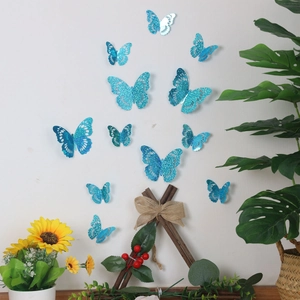 3D hollow blue butterfly wall stickers with mirror effect and glitter for home decor