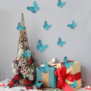 Detailed blue glitter 3D butterfly wall stickers on Christmas tree and gift boxes