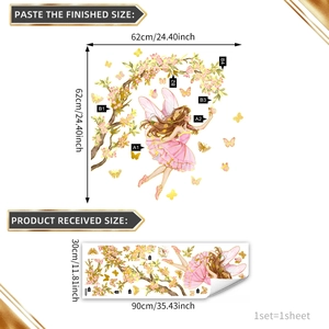 Flower Fairy wall sticker set with pink dress elf floral branches and yellow butterflies